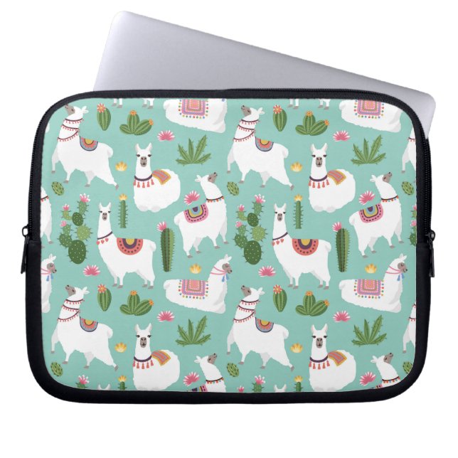 Housse Pour Ordinateur Portable Lamas mignons sur le motif turquoise (Devant)