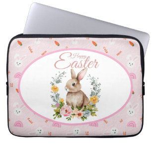 Housse Pour Ordinateur Portable Lapin de Pâques à l'aquarelle avec couronne floral