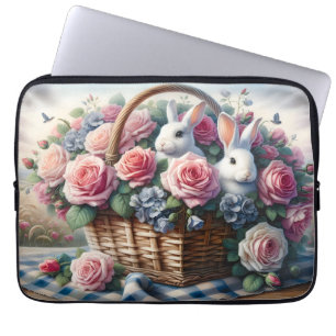 Housse Pour Ordinateur Portable Lapins nichés parmi les roses de cottage