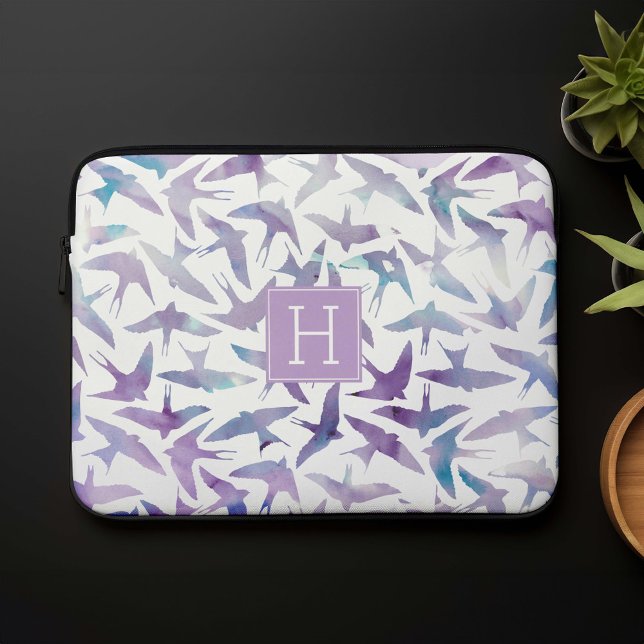 Housse Pour Ordinateur Portable Lavande et aquarelle bleue Oiseaux Monogrammes (Créateur téléchargé)