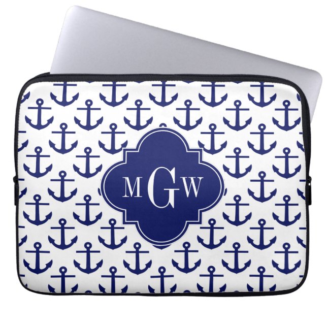 Housse Pour Ordinateur Portable Le bleu marine ancre la BG blanche, monogramme (Devant)