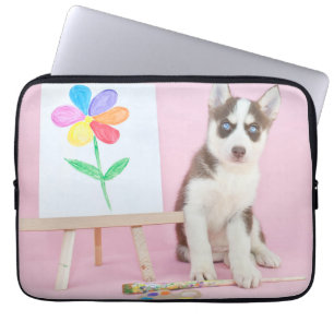 Housse Pour Ordinateur Portable Le marionnettiste Husky Peint une fleur arc-en-cie
