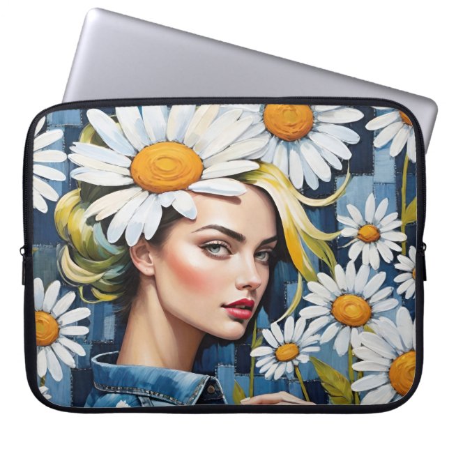 Housse Pour Ordinateur Portable Le visage de la femme avec les marguerites et les  (Devant)