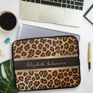 Housse Pour Ordinateur Portable Leopard motif Brown & Gold Foil Stripe Nom