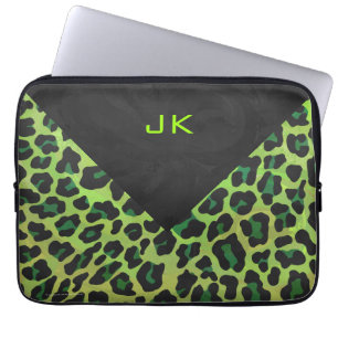 Housse Pour Ordinateur Portable Léopard noir et vert avec Monogramme