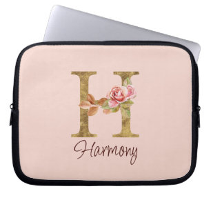Housse Pour Ordinateur Portable Lettre de nom personnalisée H Roses roses blush en