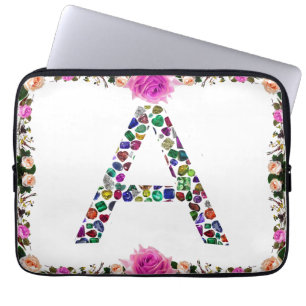 Housse Pour Ordinateur Portable Lettre initiale A avec Monogramme floral de pierre
