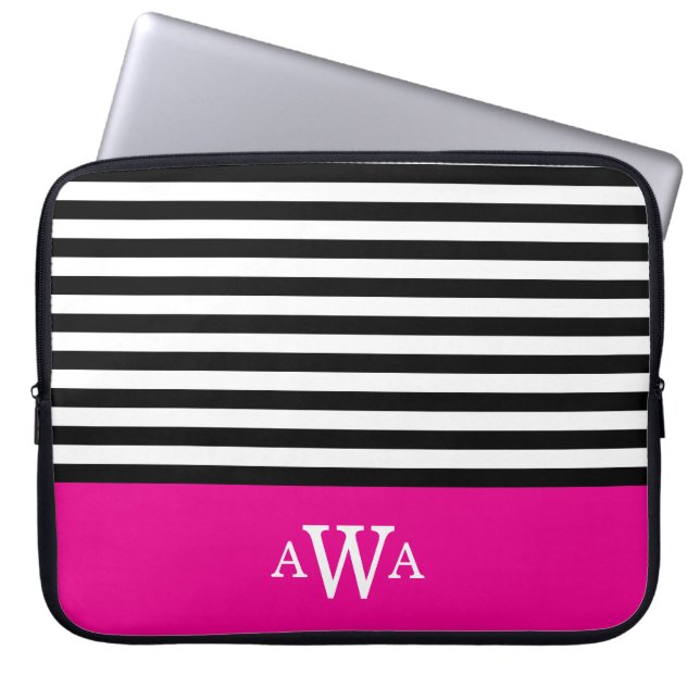 Housse Pour Ordinateur Portable Lettre triple Monogramme Fuchsia Black White Strip (Devant)