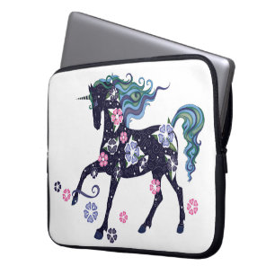Housse Pour Ordinateur Portable Licorne avec des fleurs, bleu-foncé
