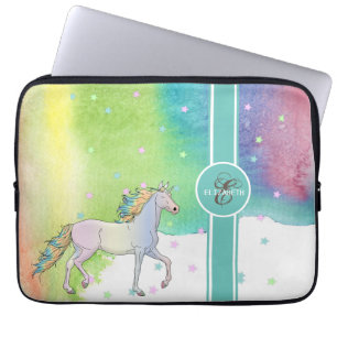 Housse Pour Ordinateur Portable Licorne, Monogramme d'étoiles colorées, Éclaboussu
