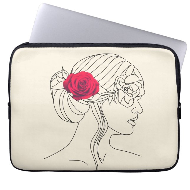 Housse Pour Ordinateur Portable Ligne continue femme avec Rose rouge sur les cheve (Devant)