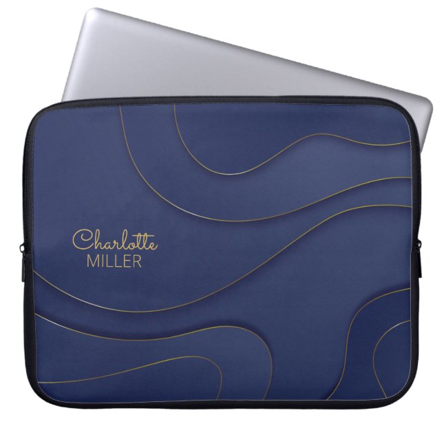 Housse Pour Ordinateur Portable Lignes Abstraites Navy-Gold avec nom personnalisé (Devant)
