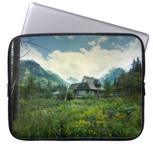 Housse Pour Ordinateur Portable Maison en bois, paysage de montagne.