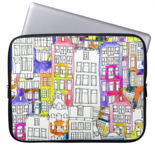 Housse Pour Ordinateur Portable Maisons d'Amsterdam : Aquarelle Motif sans couture