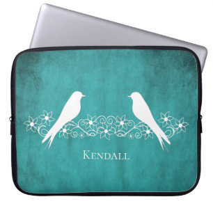 Housse Pour Ordinateur Portable Manche Portable Vin Floral Lovebirds turquoise