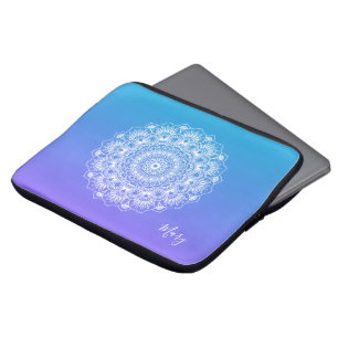 Housse Pour Ordinateur Portable Mandala blanc violet et bleu ombre monogramme