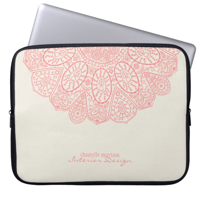 Housse Pour Ordinateur Portable Mandala Coral rose main dessinée Motif Design (Devant)