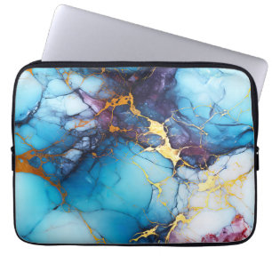 Housse Pour Ordinateur Portable Marbre Azur et Améthyste avec Veines Dorées