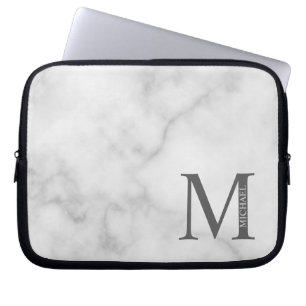 Housse Pour Ordinateur Portable Marbre blanc Monogramme personnalisé et nom