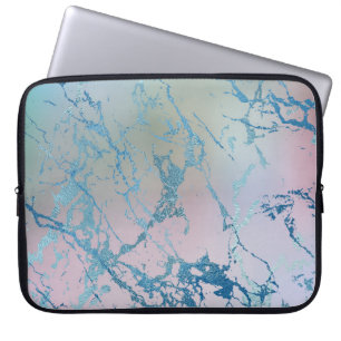 Housse Pour Ordinateur Portable Marbre Iridescente   Tendance Faux Holo bleu rose