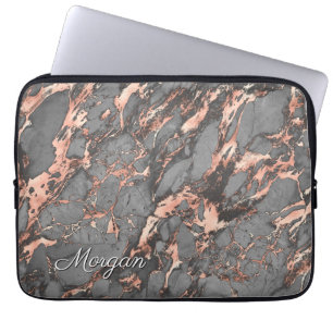 Housse Pour Ordinateur Portable Marbre, nom ou monogramme gris Rose or