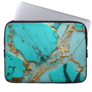 Housse Pour Ordinateur Portable Marbre Turquoise aux Veines Dorées