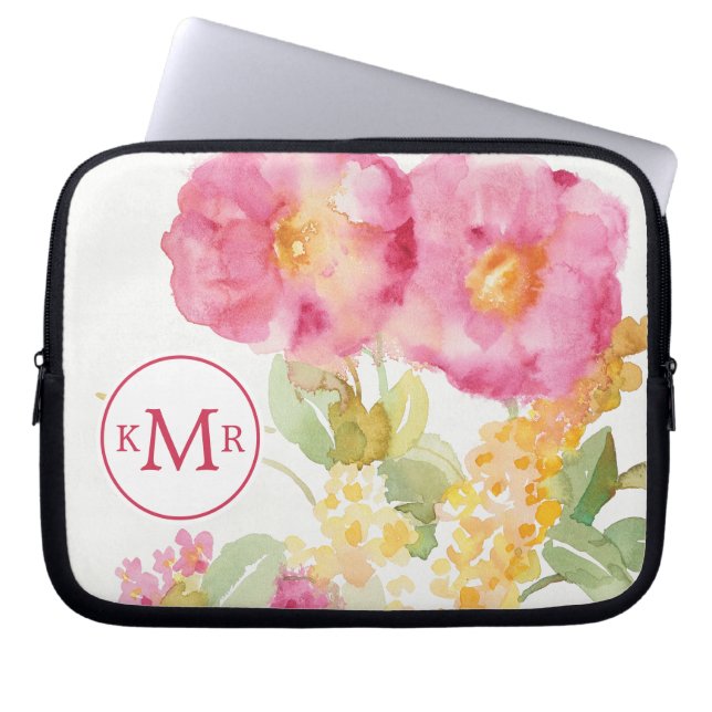 Housse Pour Ordinateur Portable Marguerite blanche du monogramme | sur le bleu (Devant)