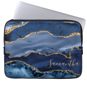 Housse Pour Ordinateur Portable Marine Blue et Faux Gold Parties scintillant marbr