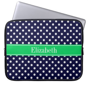 Housse Pour Ordinateur Portable Marine Blue Wt Polka Dot Emerald Nom vert Monogram