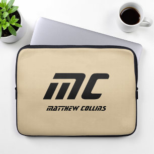 Housse Pour Ordinateur Portable Marque Monogramme Minimaliste Beige Nom Texte Noir