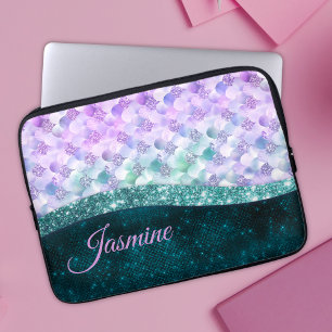 Housse Pour Ordinateur Portable Masque de peau de sirène turquoise argent faux par
