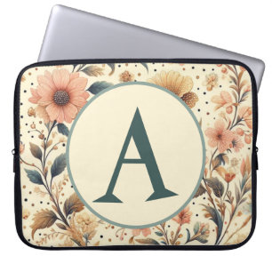 Housse Pour Ordinateur Portable Médaille de fleurs vintages : initiale personnalis