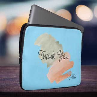 Housse Pour Ordinateur Portable Merci Watercolor pêche et vert nom personnalisé
