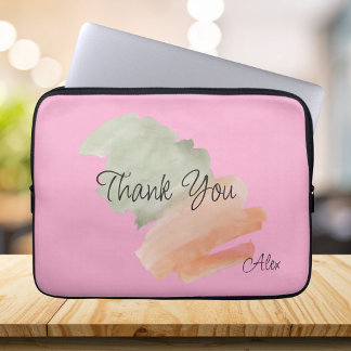 Housse Pour Ordinateur Portable Merci Watercolor pêche et vert nom personnalisé