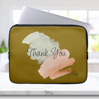 Housse Pour Ordinateur Portable Merci Watercolor pêche et vert nom personnalisé