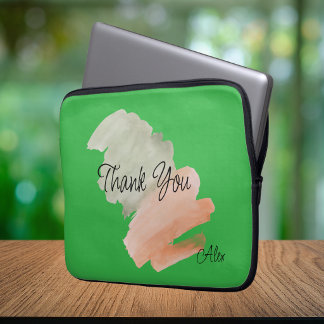Housse Pour Ordinateur Portable Merci Watercolor pêche et vert nom personnalisé
