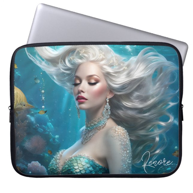 Housse Pour Ordinateur Portable Mermaid cheveux en argent Turquoise Océan (Devant)