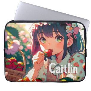 Housse Pour Ordinateur Portable Mignonne Anime Girl Mange des fraises   Jour d'été