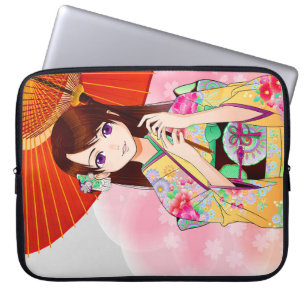 Housse Pour Ordinateur Portable Mignonne Fille En Kimono Floral Rose Avec Paraplui