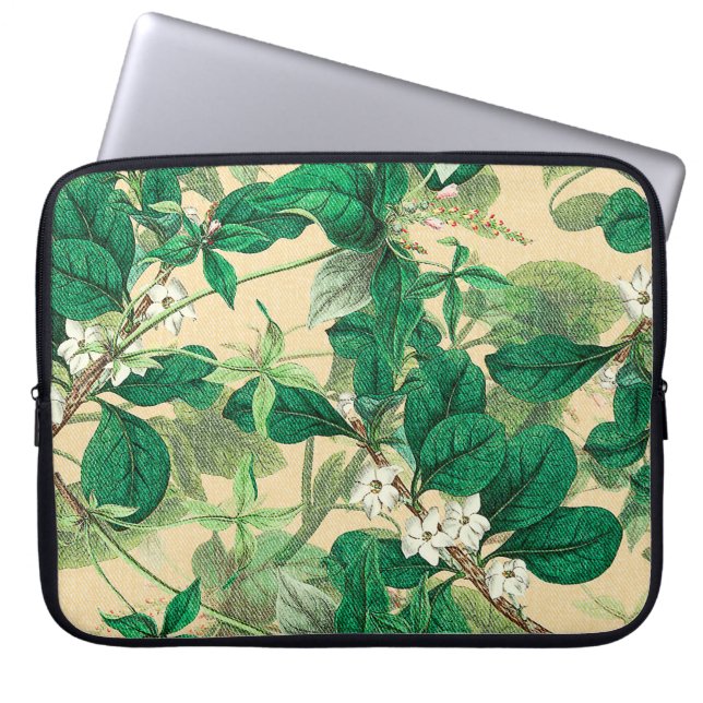 Housse Pour Ordinateur Portable Mini fleurs blanches avec motif feuille (Devant)