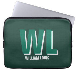 Housse Pour Ordinateur Portable Minimaliste Monogramme Vert Émeraude Personnalisé