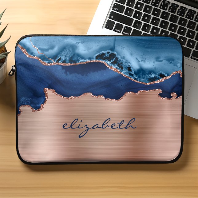 Housse Pour Ordinateur Portable Moderne Marine Bleu Rose Or Agate métal (Créateur téléchargé)
