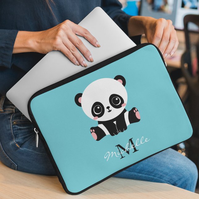 Housse Pour Ordinateur Portable Monogram Cute Panda Personnalisé Bubble Gum Bleu (Créateur téléchargé)