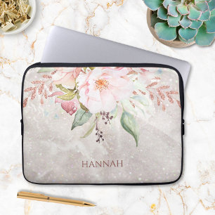 Housse Pour Ordinateur Portable Monogram Élégant Rose et Pivoine Floral