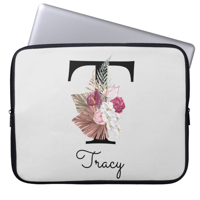 Housse Pour Ordinateur Portable Monogram Pink Boho Girly Floral Initial T (Devant)