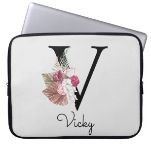 Housse Pour Ordinateur Portable Monogram Pink Boho Girly Floral Initial V