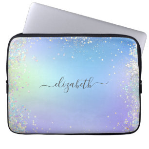 Housse Pour Ordinateur Portable Monogram Script Rainbow Glitter Blue Purple 