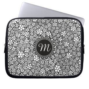 Housse Pour Ordinateur Portable Monogramme à motif floral noir et blanc dessiné à