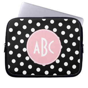 Housse Pour Ordinateur Portable Monogramme à points rose blanc et noir
