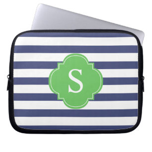 Housse Pour Ordinateur Portable Monogramme à rayures bleues et vertes